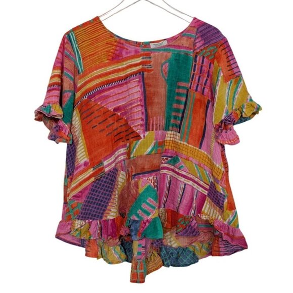 Orientique Amalfi Frill Top Womens Size Large Colorful Tropical Artsy Ruffle - Picture 1 of 12
